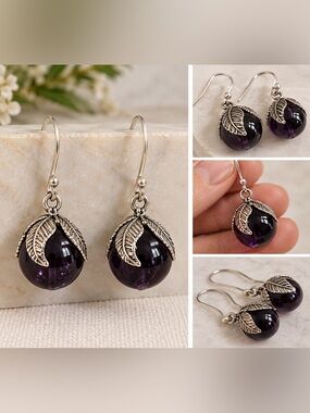 Purple Beaded Silver Leaf Dangle Earrings